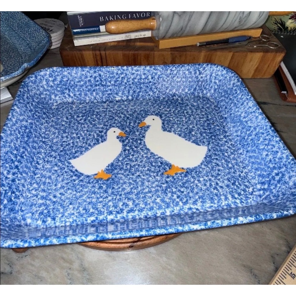 Vtg NS Gustin Blue Spongeware Duck XL 14" Baker Rectangular Casserole Dish USA